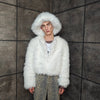 Collarless faux fur coat white cropped luxury bomber fluffy glam fleece detachable sleeves festival jacket burning man short overcoat