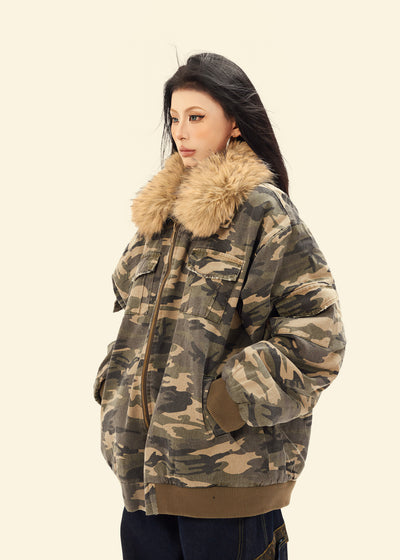 Miltary print aviator jacket faux fur collar camo bomber