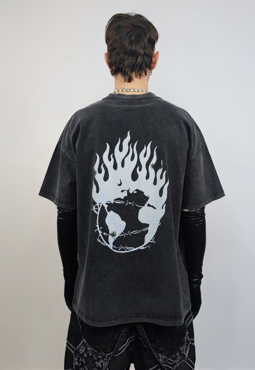 Psychedelic tshirt graffiti top vintage wash hippie tee grey