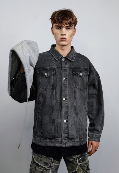 Hooded denim jacket faded gorpcore jean coat in washed grey