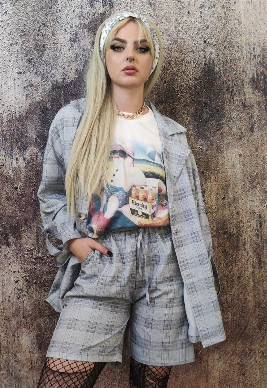 Plaid check sports suit casual loose fit shorts blazer set