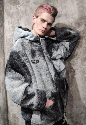 Tie-dye fleece jacket faux fur hooded bomber gradient coat