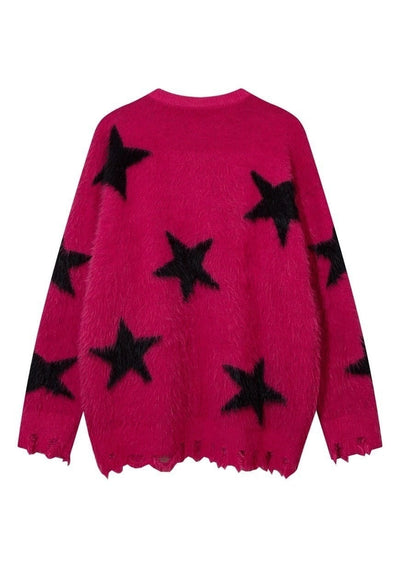 Fluffy sweater fuzzy jumper star print long hair top in red