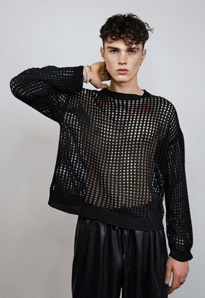 Transparent mesh sweater black boxy fit sheer grunge jumper