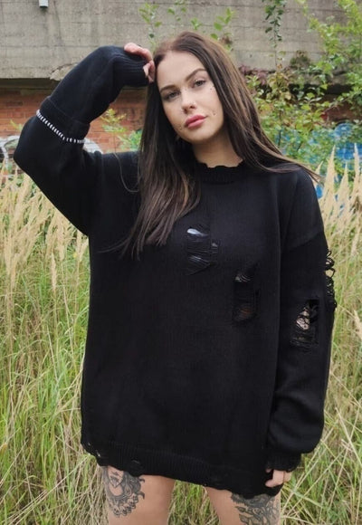 Asymmetric ripped sweater knitted distress jumper in black