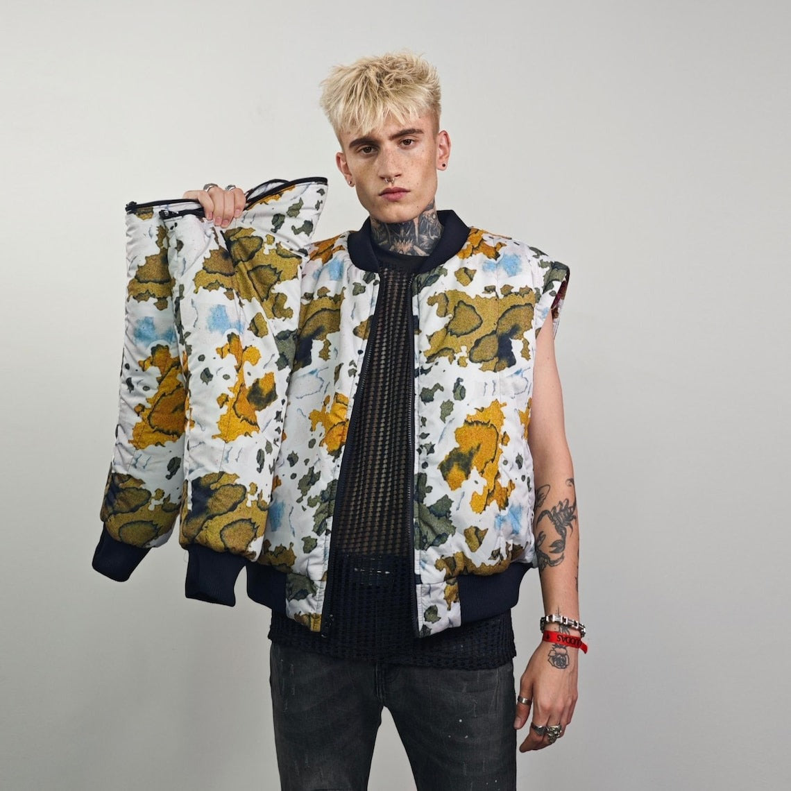 Leaves print bomber forest pattern jacket camo reversible military college varsity detachable sleeves handmade army grunge rocker coat green