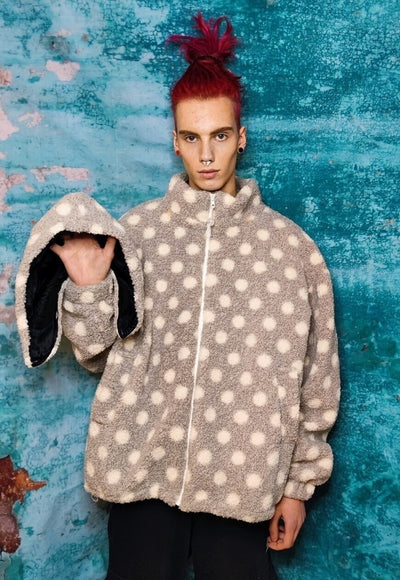 Polka dot fleece hooded jacket handmade retro fluffy coat