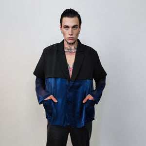 Transparent blazer see-through jacket going out coat fancy dress bomber catwalk blazer sheer glam rocker top satin varsity in blue black