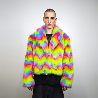 Rainbow faux fur coat crop striped trench festival zigzag jacket furry overcoat carnival bomber party peacoat psycho wide rave fleece Green