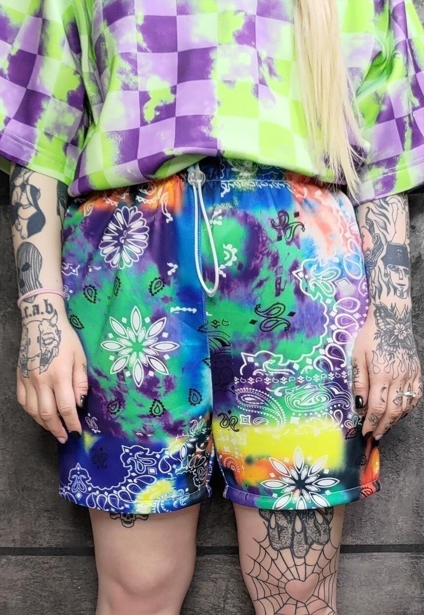 Tie-dye paisley shorts handmade bandanna overalls acid green