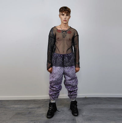 Checked faux fur joggers geometric raver pants fluffy winter trousers skiing fleece overalls festival bottoms neon burning man pants purple