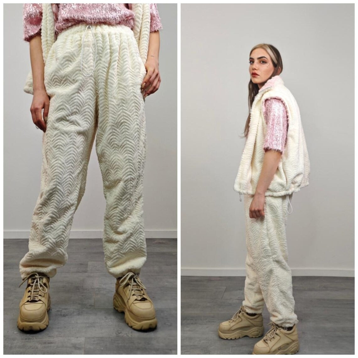 Fleece textured joggers beige track pants gold embellished trousers metallic hotpants rave overalls sports set burning man outfit festival