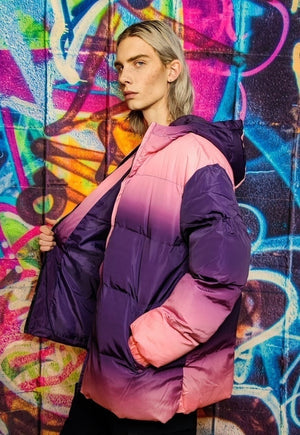 Tie-dye bomber gradient puffer jacket in faded purple pink