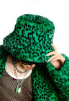 Leopard bucket hat faux fur fluffy animal hat rave cap green