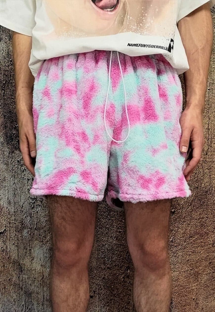 Tie-dye fleece shorts handmade gradient overalls in pink