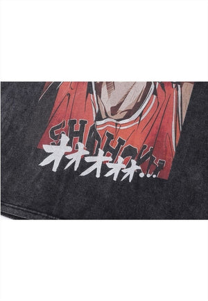 Anime t-shirt vintage wash Japanese cartoon print long tee