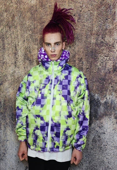 Acid Check hood jacket reversible fluffy fleece chess bomber