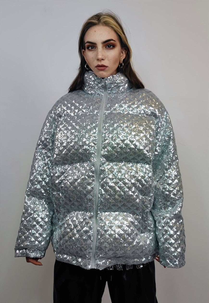 Sequin bomber jacket silver metallic embellished rave puffer