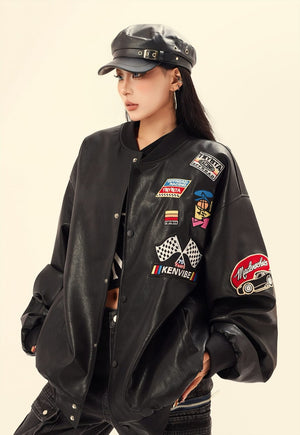 Faux leather racing jacket motorsports PU patchwork bomber