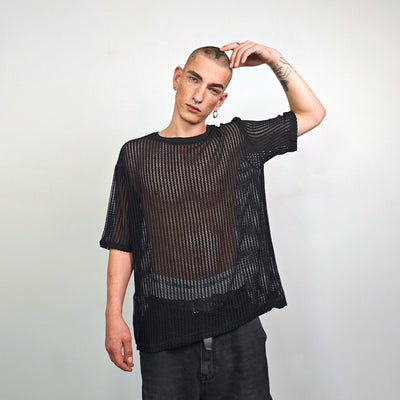 Mesh t-shirt black transparent Gothic blouse long sleeve rocker sheer jumper edgy gay top retro 00s see-though punk pullover