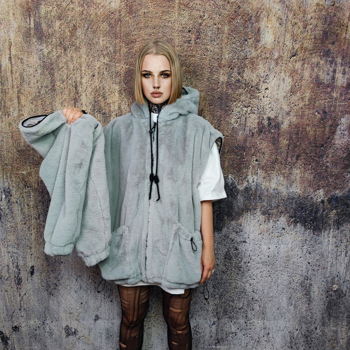 Grey soft fleece jacket handmade detachable fluffy bomber luminous faux fur premium skater coat in light shiny gray