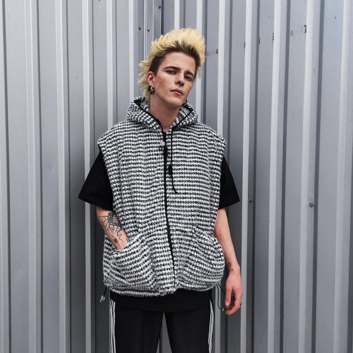 Geometric fleece jacket hooded fluffy bomber luxury striped coat detachable sleeves handmade removable sleeves overcoat fuzzy festival set