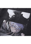 Anime print t-shirt Japanese tee cartoon top in vintage grey