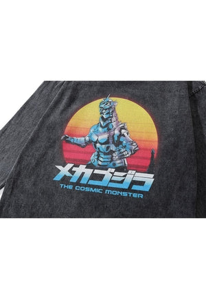 Godzilla t-shirt dinosaur robot long tee retro top grey