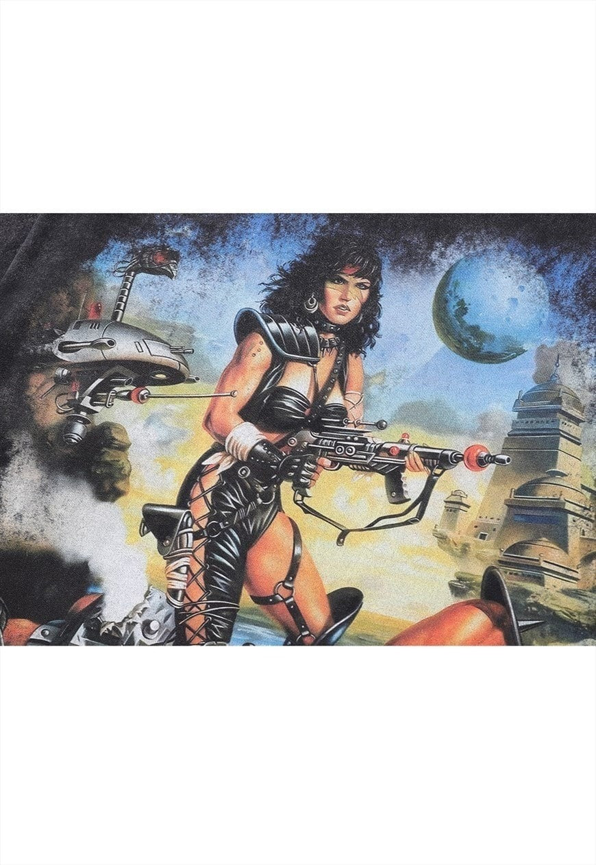 Vintage warrior princess t-shirt long sleeve retro top grey