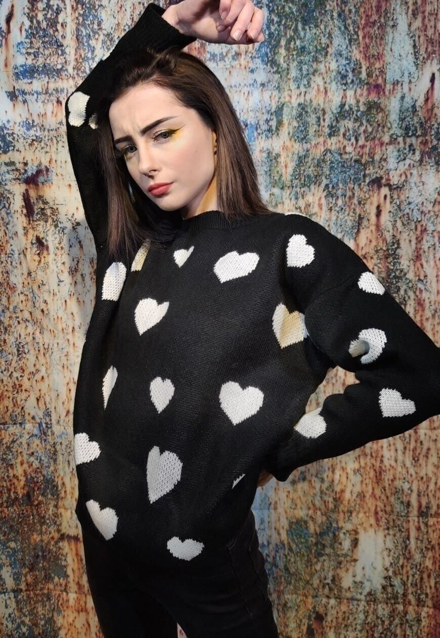 Heart knitwear sweater love knitted jumper in black white