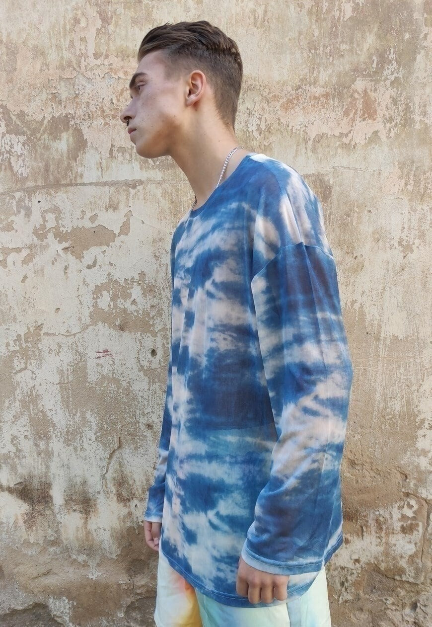 Transparent mesh top see-through tie-dye grunge t-shirt blue