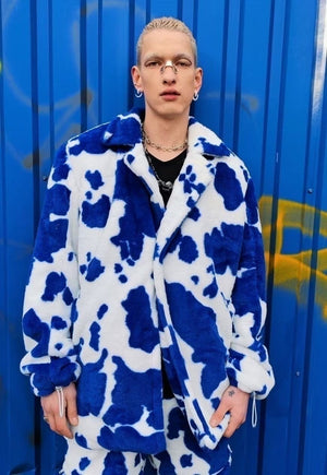 Cow fleece coat handmade 2 in1 animal print jacket in blue