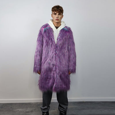 Shaggy faux fur lavender coat long neon trench bright raver bomber fluffy winter fleece luminous festival jacket burning man overcoat purple