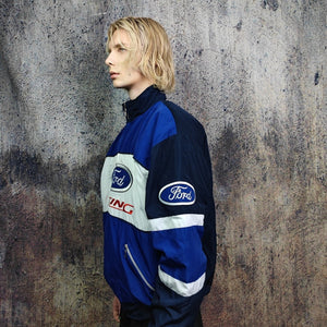 Racing jacket blue motorsports bomber Ford varsity multi patch motorcycle puffer vintage car letterman grunge patchwork F1 coat