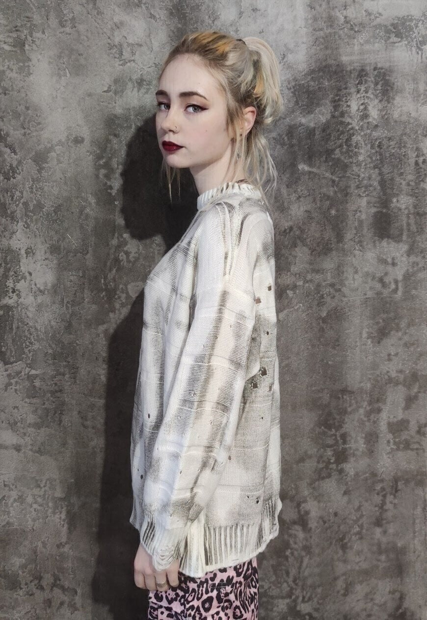 Ripped knitted sweatshirt distress knitwear jumper grey oil