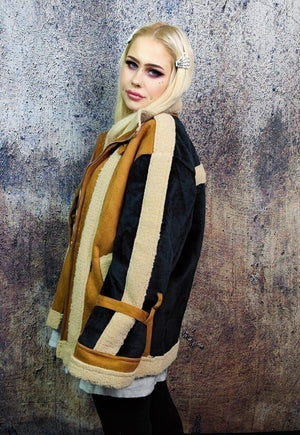 Faux fur biker jacket fluffy fleece aviator bomber in brown