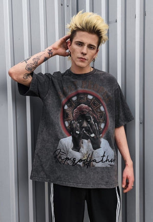 Hip-hop t-shirt rapper tee vintage wash grunge top in grey