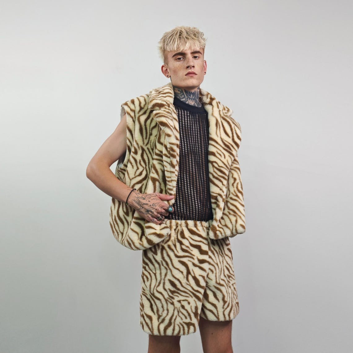 Cropped tiger coat brown short animal print jacket striped trench fauxfur detachable sleeves handmade zebra pattern festival overcoat fleece