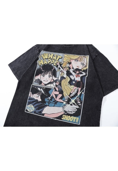 Anime print t-shirt Japanese tee retro skater top acid black