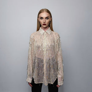 Transparent sequin mesh shirt long sleeve tassels blouse sheer catwalk jumper party see-through top curved shiny festival top in cream