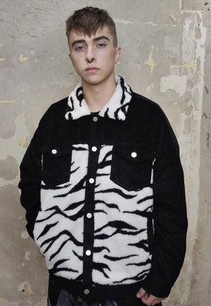 Animal print corduroy jacket zebra fleece patch bomber black