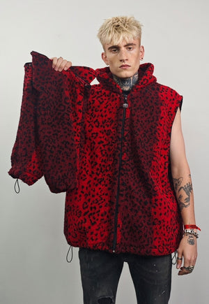 Leopard fleece red hooded bomber detachable sleeves jacket