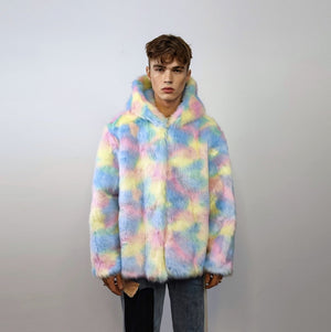 Hooded faux fur unicorn jacket rainbow bomber pastel raver coat fluffy tie-dye fleece festival puffer burning man barbie overcoat pink blue