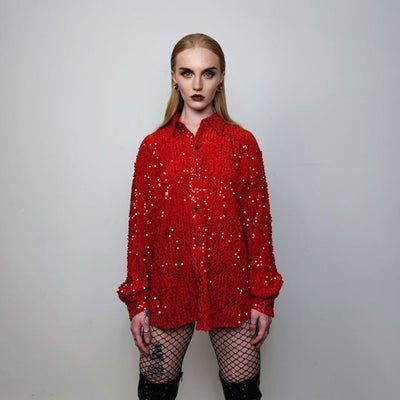 Sequin embellished shirt long sleeve glitter blouse shiny fancy dress top going out sweatshirt boho sparkly jumper in red