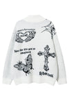 Cross print fluffy sweater gothic fleece punk jumper white