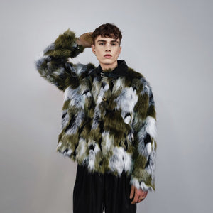 Short jacquard fur jacket green shaggy mink coat fuzzy going out military bomber party fleece fancy dress fluffy peacoat army camo overcoat