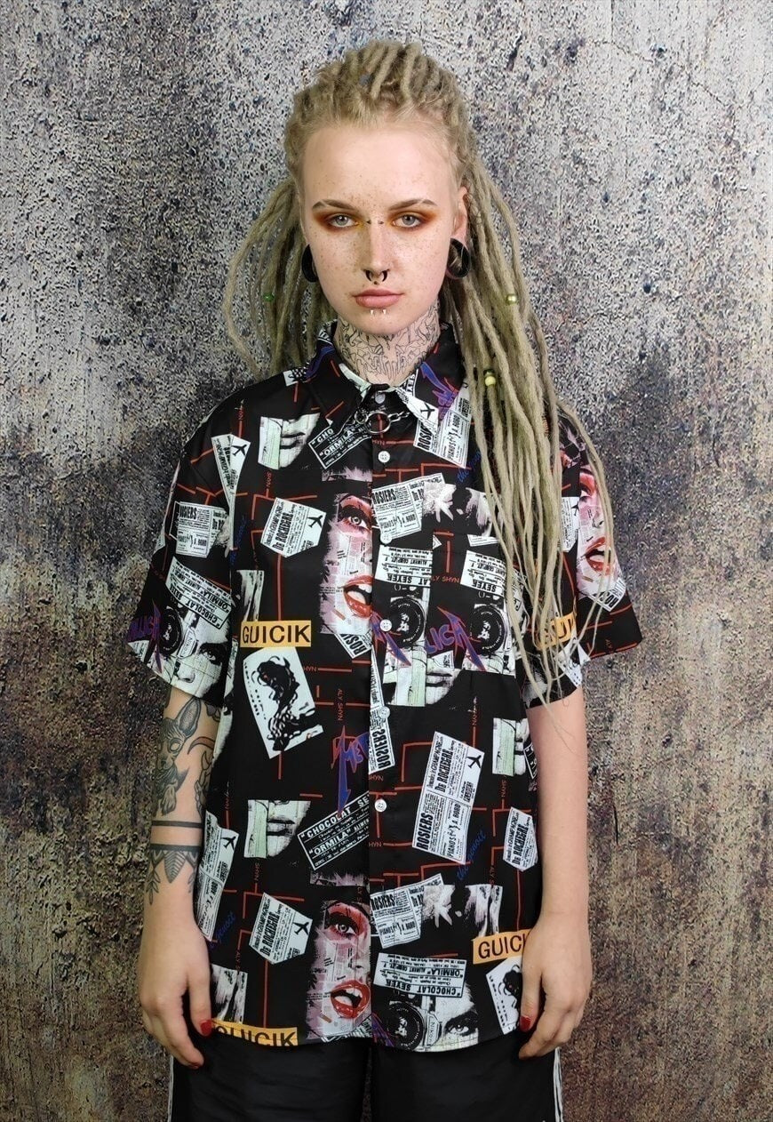 Pop culture shirt short sleeve magazine graffiti top black