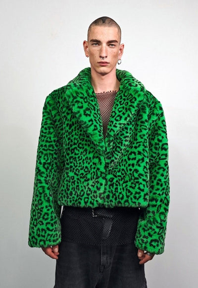 Short leopard trench coat green cropped animal print jacket