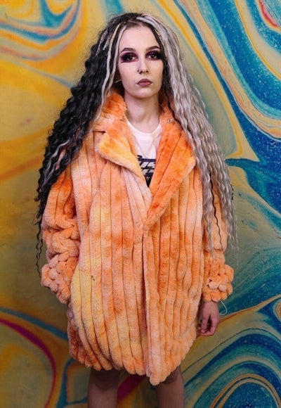 Tie-dye fleece coat handmade 2in1 hood trench jacket orange