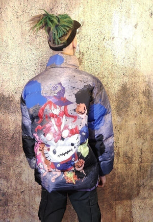 Anime bomber Hello Kitty puffer jacket tie-dye pastel blue